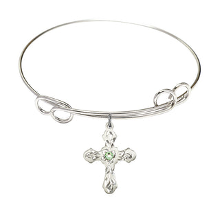 7 1/2 inch Round Double Loop Rhodium Bangle Bracelet with a Sterling Silver Cross charm. Engraved Catholic Saint Jewelry