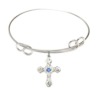 7 1/2 inch Round Double Loop Rhodium Bangle Bracelet with a Sterling Silver Cross charm. Engraved Catholic Saint Jewelry
