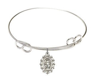 7 1/2 inch Round Double Loop Rhodium Bangle Bracelet with a Sterling Silver Miraculous charm.