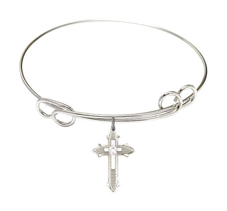 7 1/2 inch Round Double Loop Rhodium Bangle Bracelet with a Sterling Silver Cross on Cross charm. Engraved Catholic Saint Jewelry