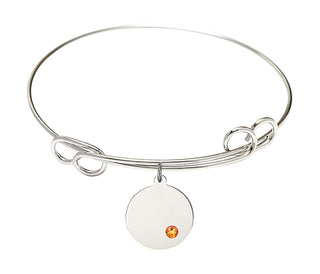 7 1/2 inch Round Double Loop Rhodium Bangle Bracelet with a Sterling Silver Plain Disc charm.