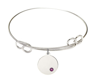 7 1/2 inch Round Double Loop Rhodium Bangle Bracelet with a Sterling Silver Plain Disc charm.