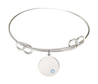 7 1/2 inch Round Double Loop Rhodium Bangle Bracelet with a Sterling Silver Plain Disc charm.