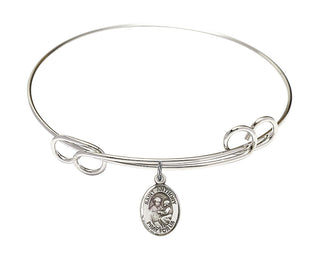7 1/2 inch Round Double Loop Rhodium Bangle Bracelet with a Sterling Silver Saint Anthony of Padua charm. Engraved Catholic Saint Jewelry