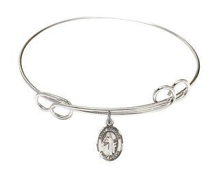 7 1/2 inch Round Double Loop Rhodium Bangle Bracelet with a Sterling Silver Saint Brendan the Navigator charm. Engraved Catholic Saint Jewelry