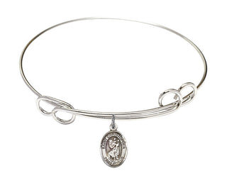 7 1/2 inch Round Double Loop Rhodium Bangle Bracelet with a Sterling Silver Saint Christopher charm. Engraved Catholic Saint Jewelry