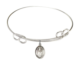 7 1/2 inch Round Double Loop Rhodium Bangle Bracelet with a Sterling Silver Saint Dennis charm. Engraved Catholic Saint Jewelry