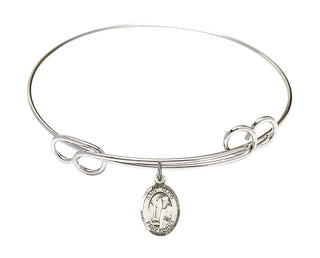 7 1/2 inch Round Double Loop Rhodium Bangle Bracelet with a Sterling Silver Saint Elmo charm. Engraved Catholic Saint Jewelry