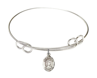 7 1/2 inch Round Double Loop Rhodium Bangle Bracelet with a Sterling Silver Saint Elizabeth of Hungary charm. Engraved Catholic Saint Jewelry