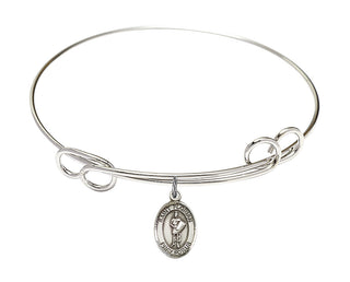 7 1/2 inch Round Double Loop Rhodium Bangle Bracelet with a Sterling Silver Saint Florian charm. Engraved Catholic Saint Jewelry