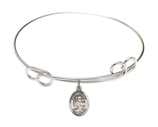 7 1/2 inch Round Double Loop Rhodium Bangle Bracelet with a Sterling Silver Saint Joseph charm. Engraved Catholic Saint Jewelry