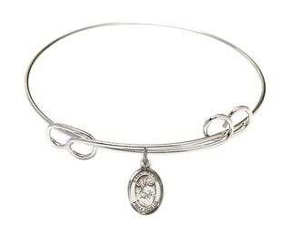 7 1/2 inch Round Double Loop Rhodium Bangle Bracelet with a Sterling Silver Saint Kevin charm. Engraved Catholic Saint Jewelry