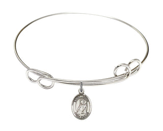 7 1/2 inch Round Double Loop Rhodium Bangle Bracelet with a Sterling Silver Saint Lucia of Syracuse charm. Engraved Catholic Saint Jewelry