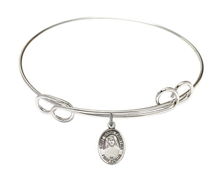 7 1/2 inch Round Double Loop Rhodium Bangle Bracelet with a Sterling Silver Saint Maria Faustina charm. Engraved Catholic Saint Jewelry