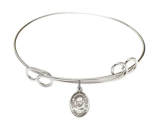 7 1/2 inch Round Double Loop Rhodium Bangle Bracelet with a Sterling Silver Saint Maximilian Kolbe charm. Engraved Catholic Saint Jewelry