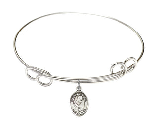 7 1/2 inch Round Double Loop Rhodium Bangle Bracelet with a Sterling Silver Saint Philomena charm. Engraved Catholic Saint Jewelry