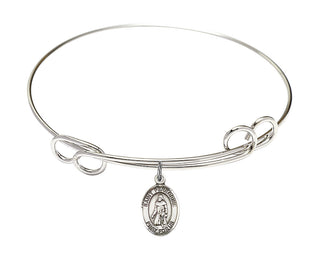 7 1/2 inch Round Double Loop Rhodium Bangle Bracelet with a Sterling Silver Saint Peregrine Laziosi charm. Engraved Catholic Saint Jewelry