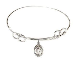 7 1/2 inch Round Double Loop Rhodium Bangle Bracelet with a Sterling Silver Saint Richard charm. Engraved Catholic Saint Jewelry