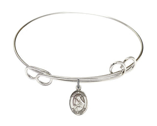 7 1/2 inch Round Double Loop Rhodium Bangle Bracelet with a Sterling Silver Saint Rose of Lima charm. Engraved Catholic Saint Jewelry