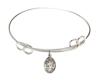 7 1/2 inch Round Double Loop Rhodium Bangle Bracelet with a Sterling Silver Saint Walburga charm. Engraved Catholic Saint Jewelry