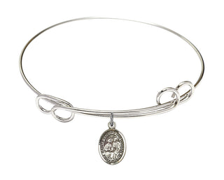 7 1/2 inch Round Double Loop Rhodium Bangle Bracelet with a Sterling Silver Sts. Cosmas & Damian charm. Engraved Catholic Saint Jewelry
