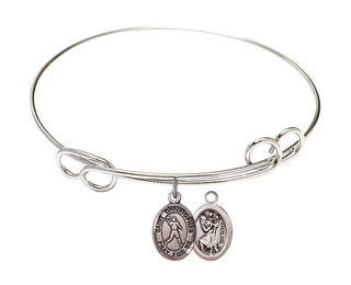 7 1/2 inch Round Double Loop Rhodium Bangle Bracelet with a Sterling Silver Saint Christopher/Football charm.