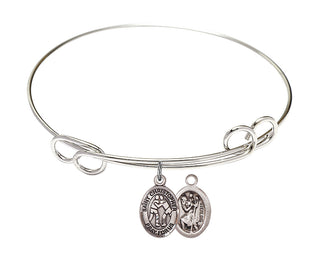 7 1/2 inch Round Double Loop Rhodium Bangle Bracelet with a Sterling Silver Saint Christopher/Wrestling charm.