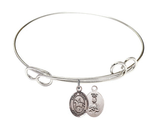 7 1/2 inch Round Double Loop Rhodium Bangle Bracelet with a Sterling Silver Saint Kateri/Equestrian charm.