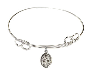 7 1/2 inch Round Double Loop Rhodium Bangle Bracelet with a Sterling Silver Saint Nino de Atocha charm. Engraved Catholic Saint Jewelry