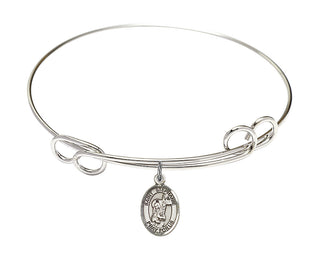 7 1/2 inch Round Double Loop Rhodium Bangle Bracelet with a Sterling Silver Saint Stephanie charm. Engraved Catholic Saint Jewelry