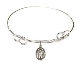 7 1/2 inch Round Double Loop Rhodium Bangle Bracelet with a Sterling Silver Our Lady of Hope charm. Engraved Catholic Saint Jewelry