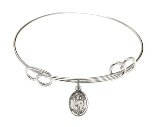 7 1/2 inch Round Double Loop Rhodium Bangle Bracelet with a Sterling Silver Saint Maurus charm. Engraved Catholic Saint Jewelry