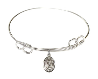 7 1/2 inch Round Double Loop Rhodium Bangle Bracelet with a Sterling Silver Our Lady of All Nations charm. Engraved Catholic Saint Jewelry