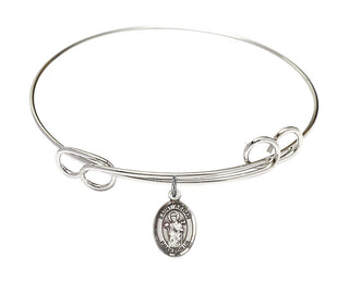 7 1/2 inch Round Double Loop Rhodium Bangle Bracelet with a Sterling Silver Saint Aedan of Ferns charm. Engraved Catholic Saint Jewelry
