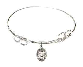 7 1/2 inch Round Double Loop Rhodium Bangle Bracelet with a Sterling Silver Saint Teresa of Calcutta charm. Engraved Catholic Saint Jewelry