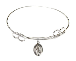 7 1/2 inch Round Double Loop Rhodium Bangle Bracelet with a Sterling Silver Saint Fiacre charm. Engraved Catholic Saint Jewelry