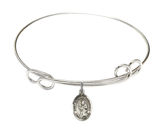 7 1/2 inch Round Double Loop Rhodium Bangle Bracelet with a Sterling Silver Saint Joseph of Arimathea charm. Engraved Catholic Saint Jewelry