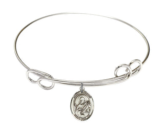 7 1/2 inch Round Double Loop Rhodium Bangle Bracelet with a Sterling Silver Saint Meinrad of Einsiedeln charm. Engraved Catholic Saint Jewelry