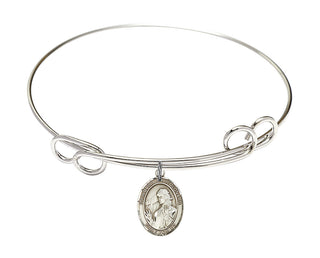 7 1/2 inch Round Double Loop Rhodium Bangle Bracelet with a Sterling Silver Saint Finnian of Clonard charm. Engraved Catholic Saint Jewelry