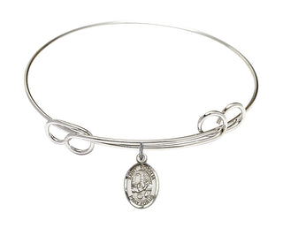 7 1/2 inch Round Double Loop Rhodium Bangle Bracelet with a Sterling Silver Saint Rosalia charm. Engraved Catholic Saint Jewelry
