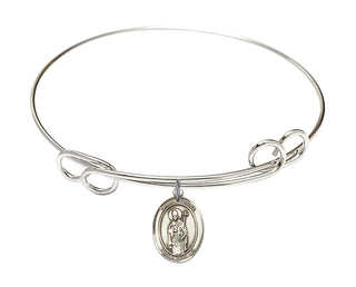 7 1/2 inch Round Double Loop Rhodium Bangle Bracelet with a Sterling Silver Saint Ronan charm. Engraved Catholic Saint Jewelry