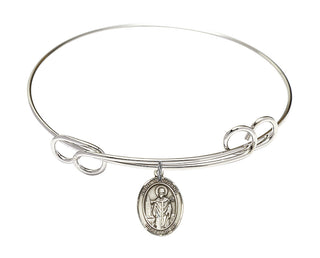 7 1/2 inch Round Double Loop Rhodium Bangle Bracelet with a Sterling Silver Saint Wolfgang charm. Engraved Catholic Saint Jewelry
