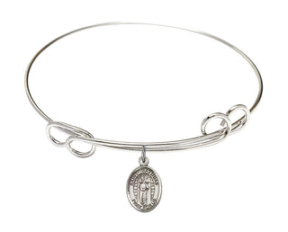 7 1/2 inch Round Double Loop Rhodium Bangle Bracelet with a Sterling Silver Saint Matthias the Apostle charm. Engraved Catholic Saint Jewelry