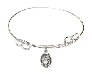 7 1/2 inch Round Double Loop Rhodium Bangle Bracelet with a Sterling Silver Saint Catherine of Sweden charm. Engraved Catholic Saint Jewelry