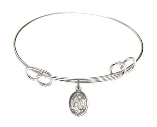 7 1/2 inch Round Double Loop Rhodium Bangle Bracelet with a Sterling Silver Saint Paula charm. Engraved Catholic Saint Jewelry
