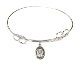7 1/2 inch Round Double Loop Rhodium Bangle Bracelet with a Sterling Silver Saint Josephine Bakhita charm. Engraved Catholic Saint Jewelry