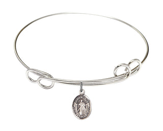 7 1/2 inch Round Double Loop Rhodium Bangle Bracelet with a Sterling Silver Divine Mercy charm.