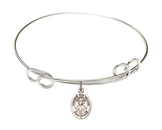 7 1/2 inch Round Double Loop Rhodium Bangle Bracelet with a Sterling Silver Saint Andrew Kim Taegon charm. Engraved Catholic Saint Jewelry
