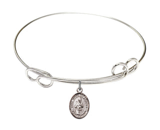 7 1/2 inch Round Double Loop Rhodium Bangle Bracelet with a Sterling Silver Saint Simon the Apostle charm. Engraved Catholic Saint Jewelry