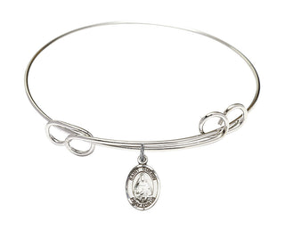 7 1/2 inch Round Double Loop Rhodium Bangle Bracelet with a Sterling Silver Saint Theodora charm. Engraved Catholic Saint Jewelry